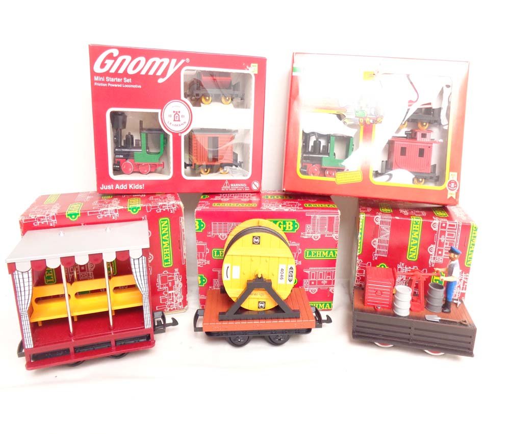 ABT: Mint LGB G Scale: 5 Assorted Cars and Kits/OBs: Paul V. Ambrose and Drew J. Bauer present: These are the #2001 Hand Car, the #4046 Cable Spool Wagon, the #3041 Open Passenger Car, the #80981 Gnomy Starter Set, and the Gnomy Starter Set that LGB mad