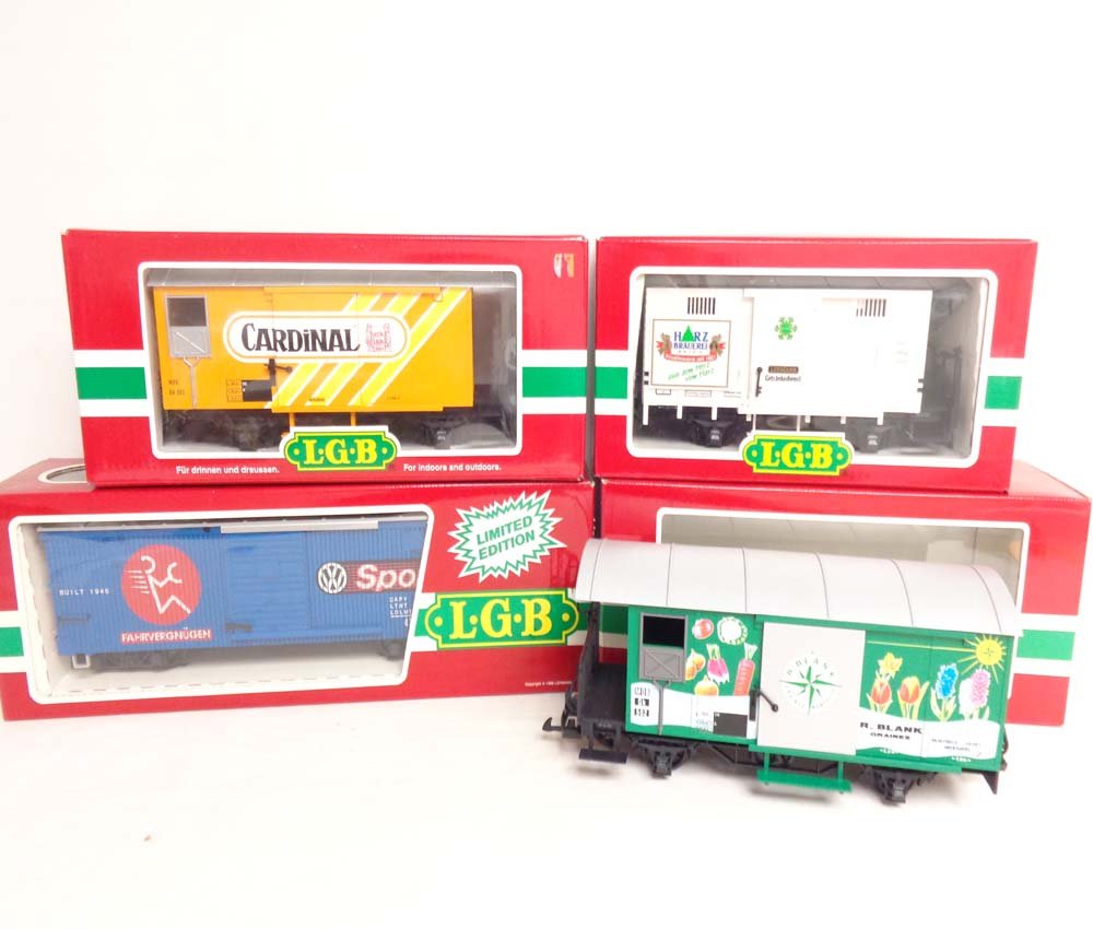 ABT: Mint LGB G Scale: #4090/42285/4031-IS/4128: Paul V. Ambrose and Drew J. Bauer present: These are the #4090 Volkswagen Sport Box Car, the #42285 Cardinal Box Car, the #4031-IS Box Car, and the #4128 Box Car that LGB made in G Scale a few years a