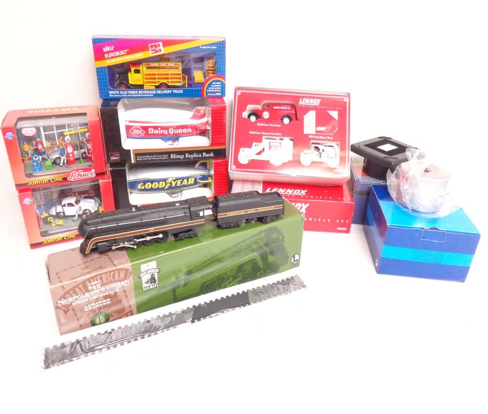 ABT: 9 Mint Assorted Manufactures Engine and Tender,: Paul V. Ambrose and Drew J. Bauer present: These are nine Assorted Manufactures Engine and Tender, Diorama Displays and Vehicles and Accessories. Included are the #746 Norfolk and Western Steam Locomo