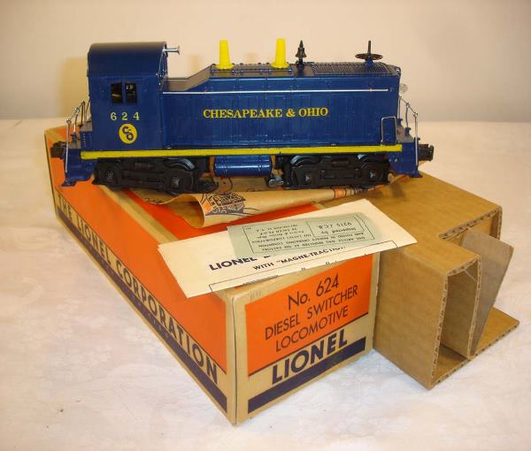 ABT: Mint Lionel #624 C&O Switcher/Brick OB+: Paul V. Ambrose and Drew J. Bauer present: This is the #624 C&O Switcher with Diecast Frame and Magnetraction that Lionel made in the early 1950s. Our Opinion is that it is generally in Mint Condition