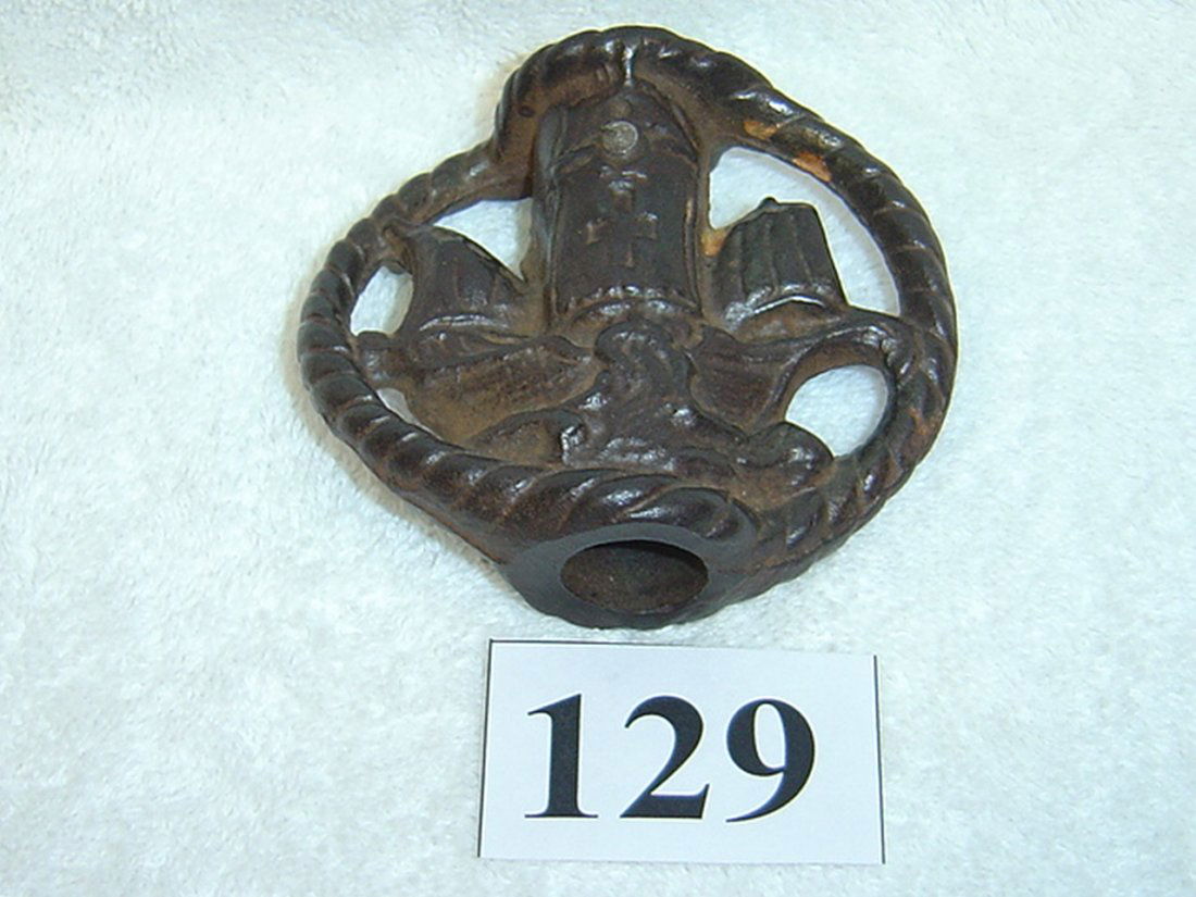 UNIQUE??? FINIAL/DECORATIVE CAST METAL SHIP MOTIF: FOR A LAMP???? DEPICTS A VIKING DRAGON BOAT ON ONE SIDE AND A TEMPLAR STYLE CROSS MASTED SHIP ON THE OTHER. ABOUT 3 INCHES TALL BY 3 1/2 DIAMETER. CENTER HOLE GOES ALL THE WAY THROUGH AND IS 3/4 DIAME
