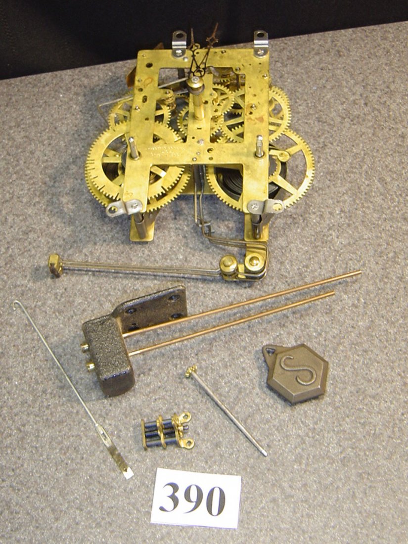 ANTIQUE SESSIONS CLOCK MOVEMENT: REBUILT. FOR A CAMEL BACK CLOCK. ORIGINAL WEIGHT PRESENT.