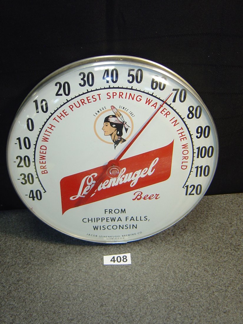12 INCH DIAMETER LEINENKUGEL BEER WALL THERMOMETER: READY TO HANG. METAL SIDE W/PLASTIC LENS.