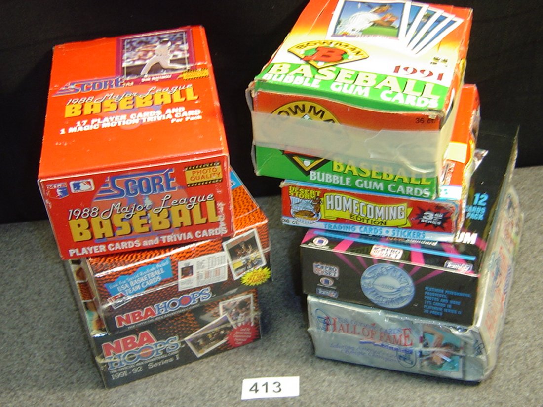 SEVEN BOXES OF COLLECTOR TRADING CARDS: 1988 SCORE BB, 2 NBA HOOPS 1991-1992, 1991 BOWMAN DESERT STORM SER. 3, 1991 SER. II NFL PROS ET AND 1991 IMPEL US OLYMPIC.