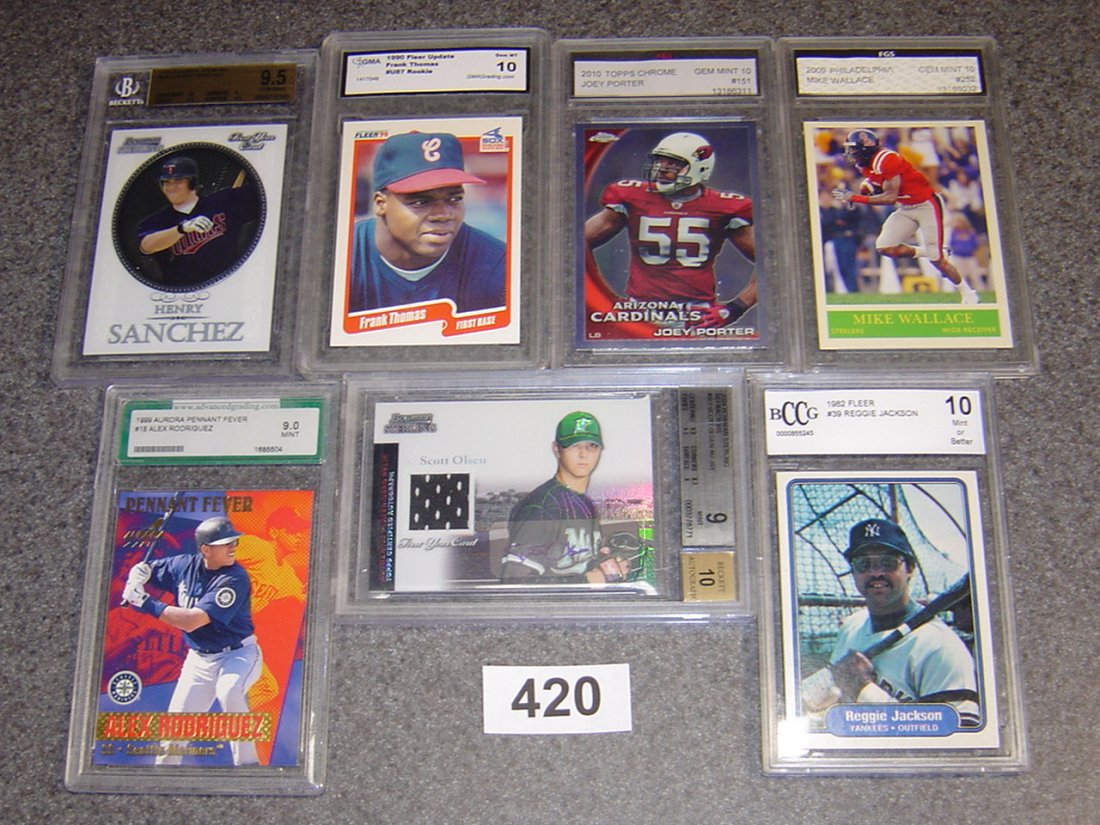 7 GRADED SPORTS TRADING CARDS: 1982 FLEER REGGIE JACKSON. 1990 FLEER FRANK THOMAS. A RELIC AS SOME OTHERS.
