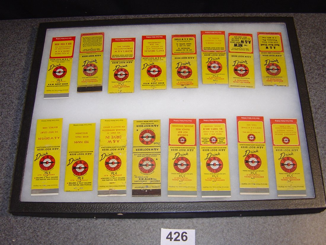 16 A&W ROOT BEER MATCHBOOK COVERS: CASE IS FOR DISPLAY ONLY AND IS NOT PART OF THE LOT. YOU GET ONLY THE COVERS.
