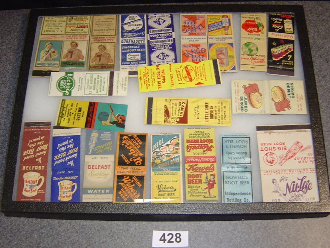 22 ASSORTED MATCHBOOK COVERS ROOT BEER OTHERS: CASE IS FOR DISPLAY ONLY AND IS NOT PART OF THE LOT. YOU GET ONLY THE COVERS.