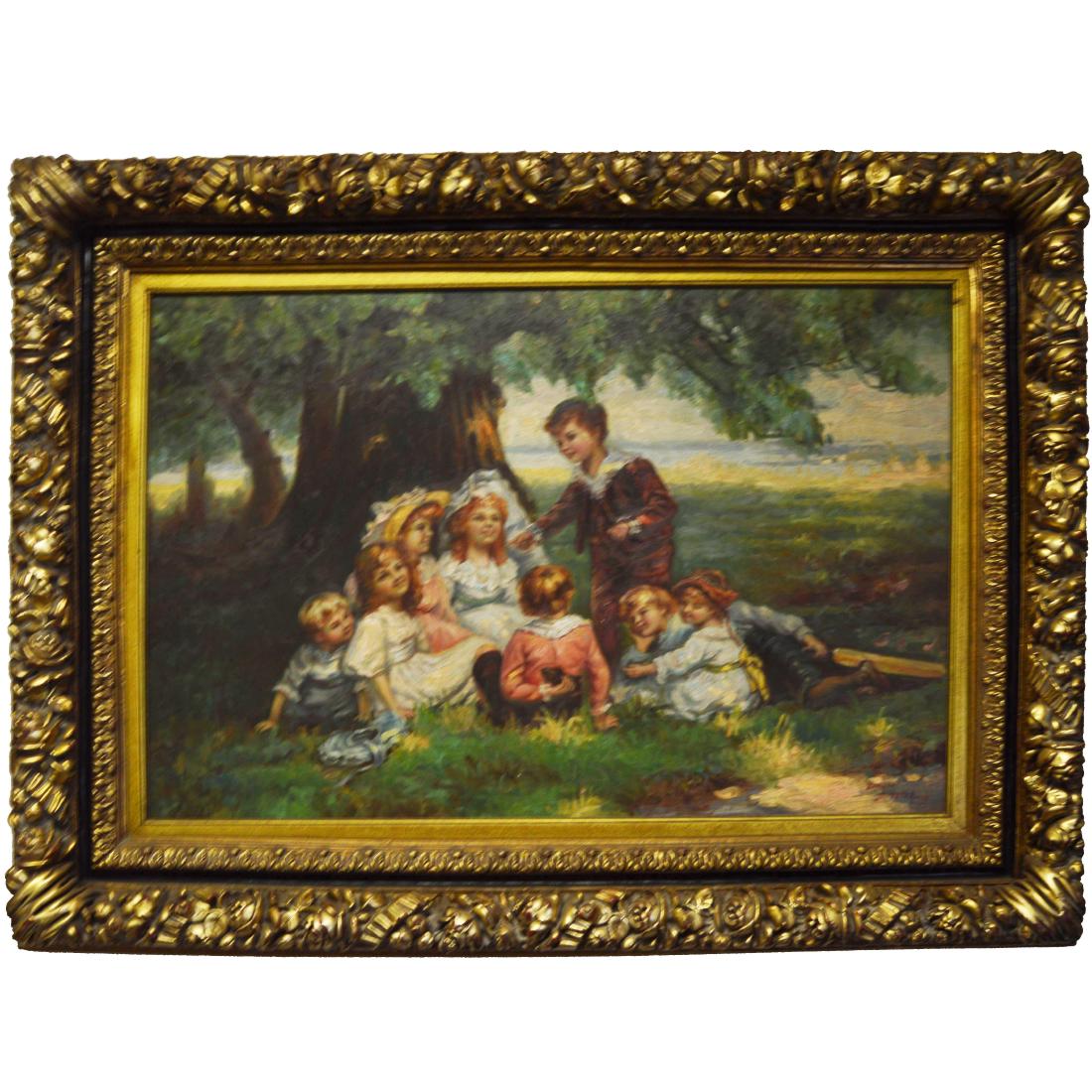 Framed Oil Painting: An oil painting of a group of children playing under a tree marked with the name "David Smith" in red in one corner. A framed oil paint; 35 in (Height) x 5 in x 46 in H 35" W 5" L 46" Weight