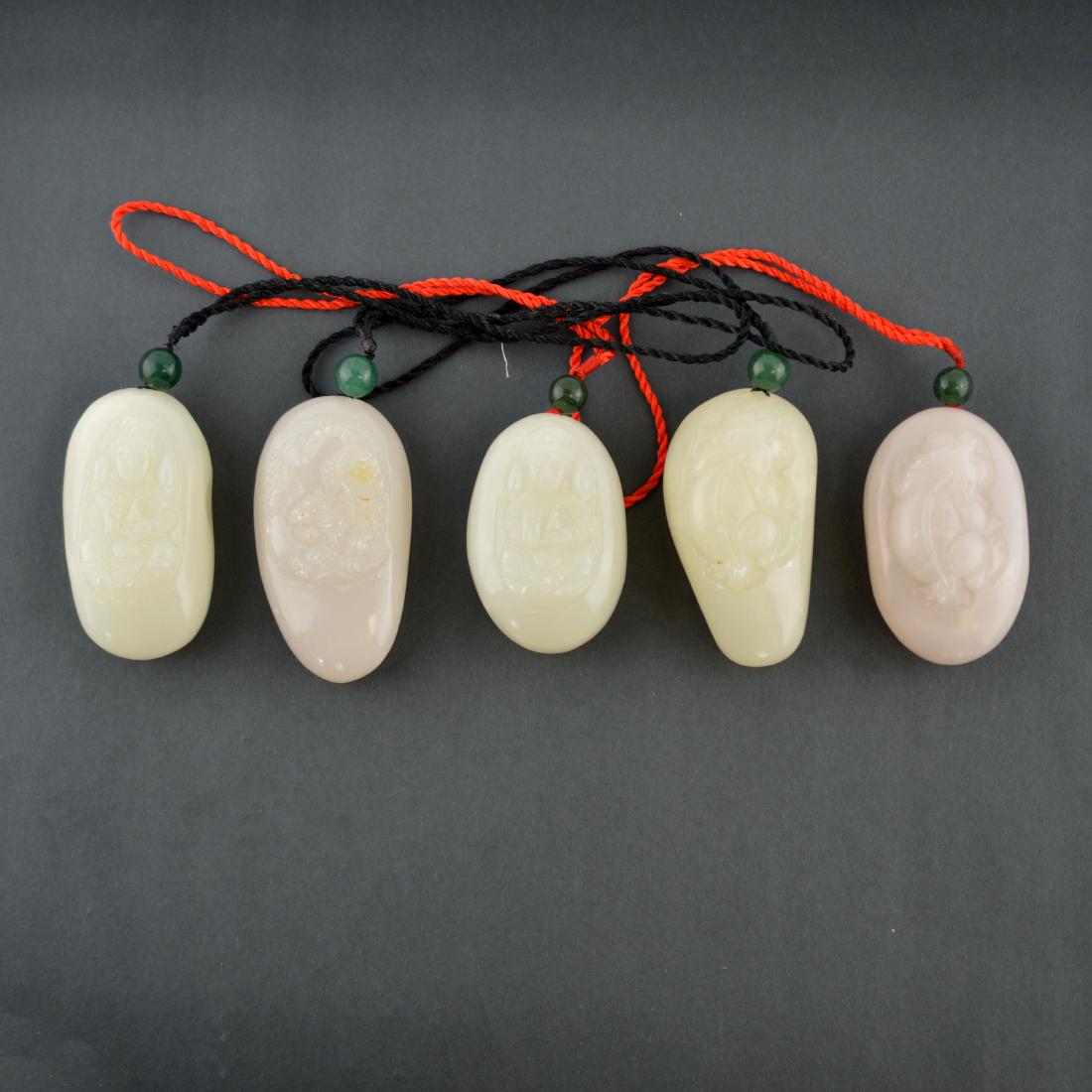5 Agate Handheld Pendants Set: 5 Item Lot; semi-translucent white agate hand-pendants on woven loops. Approximately 9 cm x 6cm x 4 cm H W L Weight