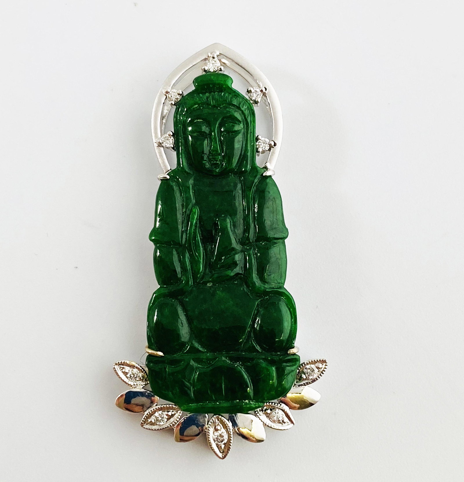 18K Gold Natural Emerald Green Jadeite Guanyin Pendant (1 of 4)