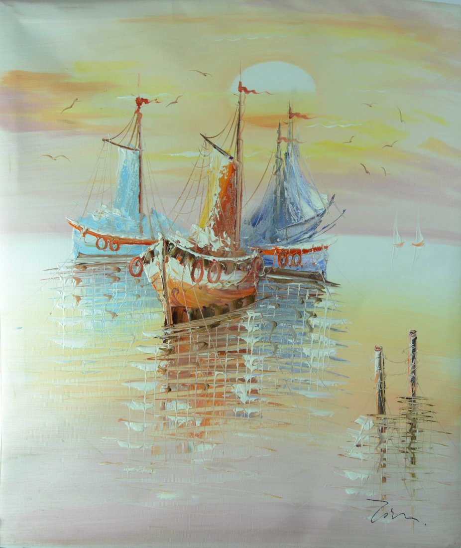 Three Ships in the Setting Sun Canvas Oil Paint: Oil Painting of Three Ships docked on the sea at sunset on canvas. Each ship is a different color (blue, red, or purple) with two more ships and more flying gulls in the distance. This Canvas Oil Pain
