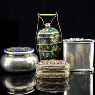 4 Item Set of Cloisonne Enamel, Silver, and Copper: Set of 4; one miniature cloisonne enamel basket with handle, one enameled rouge case with inscription, a silver tobacco tin with inscription, and a copper tobacco tin.------A: L x 1.500" W x 1.250" H