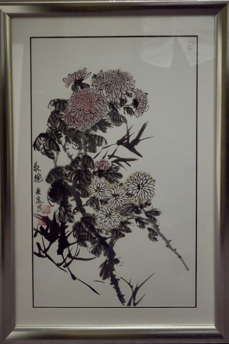 Framed Chinese "Gorgeous Autumn" Painting (Marked "Wang: A framed Chinese painting marked by Wang Qing Quan; depicting chrysanthemum blossoming; ------ L x 22.625" H x 33.000" W x 1.000"