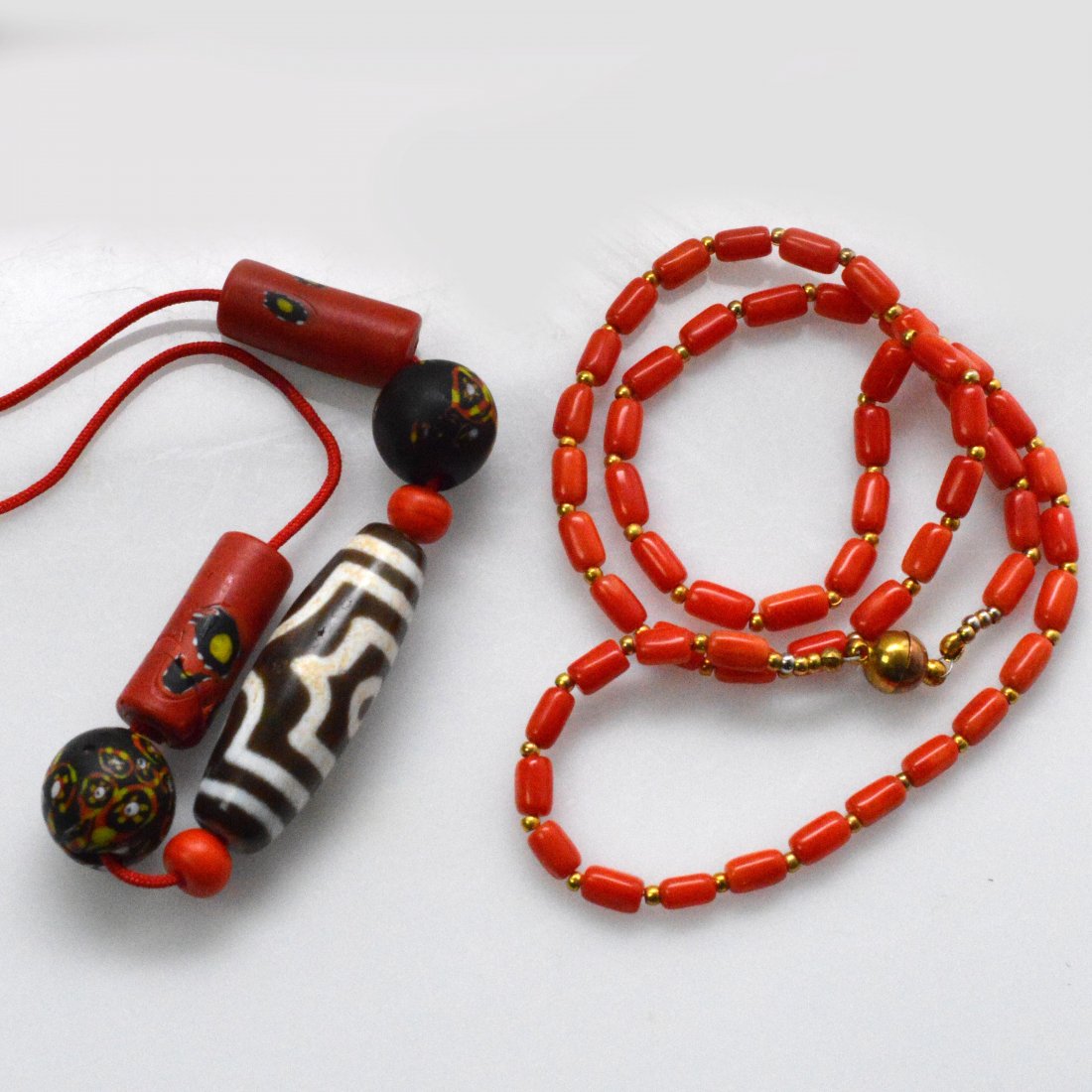 Three-Eyed Dzi Bead Necklace + Coral Necklace (1 of 4)