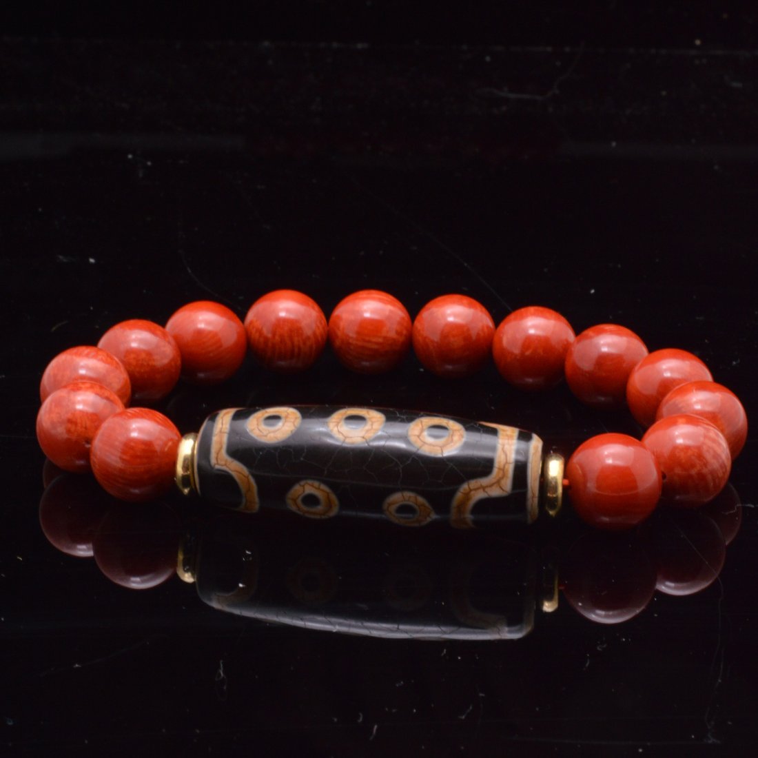 Ten-Eyed Dzi Bead Red Coral Bead Bracelet (1 of 2)