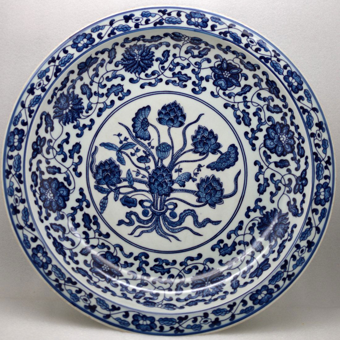 Large Marked Blue & White Porcelain Lotus Plate (1 of 6)