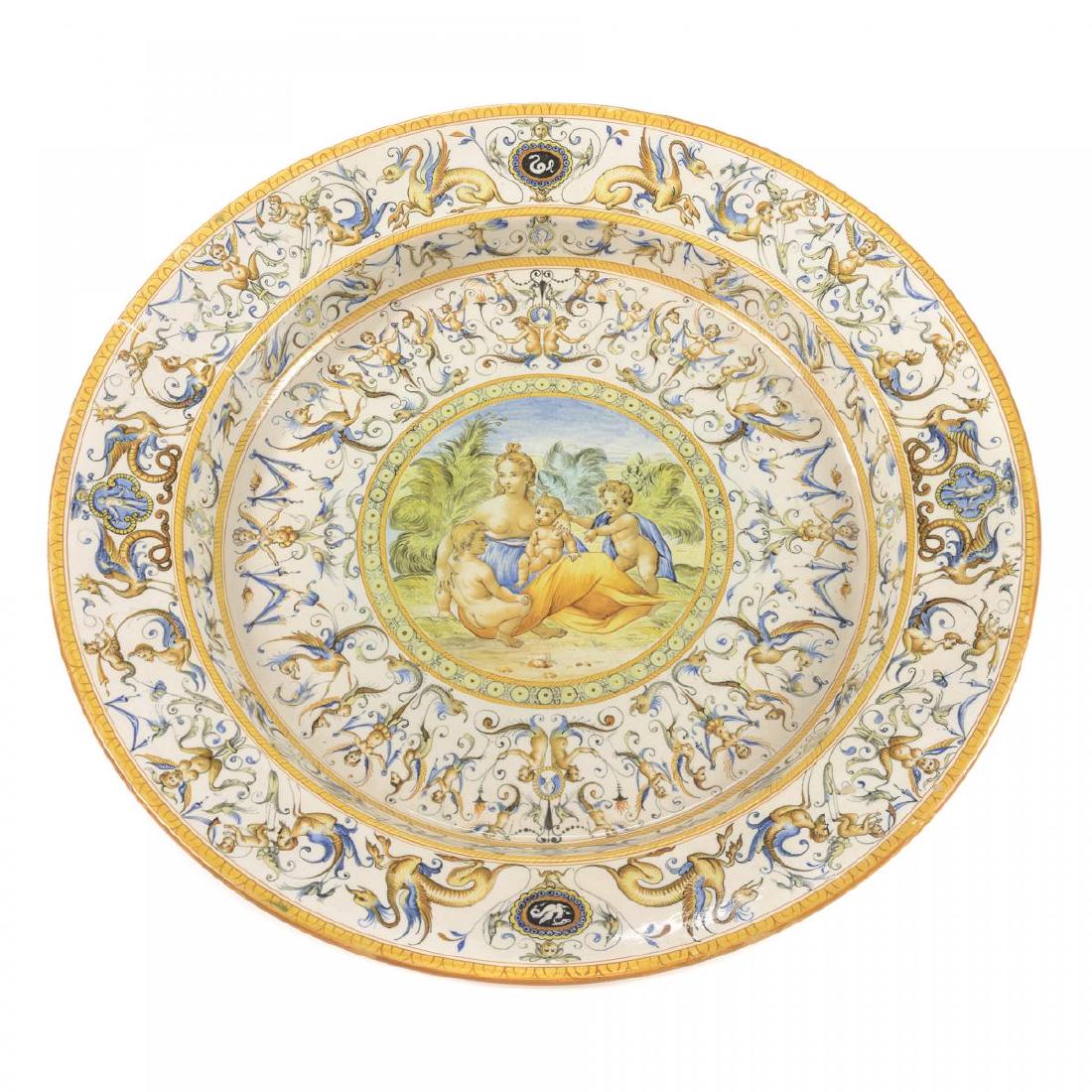 Ginori piatto in maiolica istoriata fine: Ginori piatto in maiolica istoriata fine sec.XIX dm 49,5cm con difetti