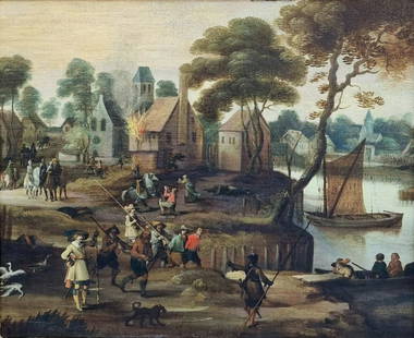 Joost Cornelisz Droochsloot o Droogsloot: Joost Cornelisz Droochsloot o Droogsloot 1586-1666 attribuito a ,olio su tela raff.paesaggio con figure . Scuola fiamminga metà del sec XVII cm. 57x51
