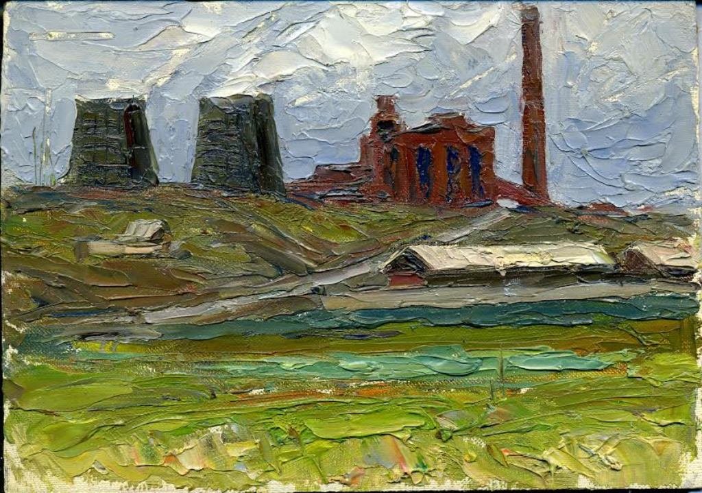 Valerian Stepanovich NESTEROV (1923-2001). "Near the: Valerian Stepanovich NESTEROV (1923-2001). "Near the city of Saransk" This painting was made during 1960-1970 period. Oil on board, size 12x17 cm, signed on verso You can see the view of soviet plants