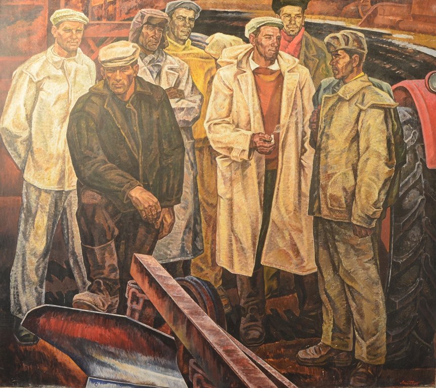 Yuri LYUBAVIN (SOVIET) "Mechanizators": Yuri Mikhailovich LYUBAVIN (SOVIET 1923) Title: "Mechanizators" Date of creation: 1970 Technique: oil on canvas Dimensions: 177x200 cm / 69.69x78.74 inch This painting is not framed This painting is s