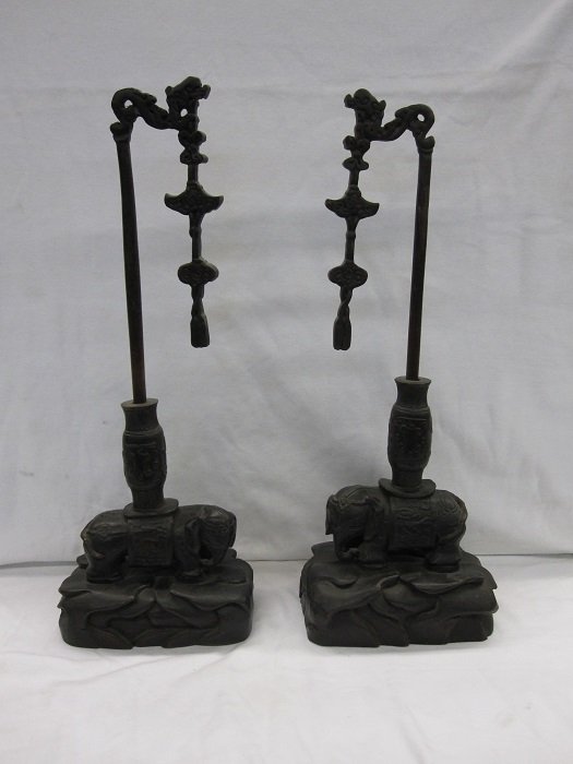 Qing Period Pair Wood Carved Altar Elephants: Qing Pair Zitan Wood Carved Altar Elephants with back standing dragon likely pillar. The pronunciation of Elephant in Chinese is Xiang(象），（祥），（&
