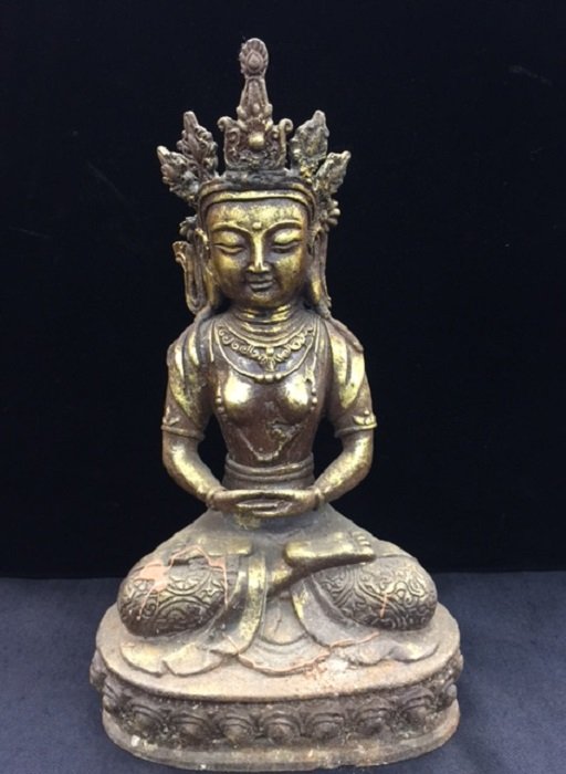 Antique Casting Iron Gilded Tibetan Buddha: Antique casting iron gilded Tibetan Buddha seated on lotus with wearing robe and praying posture. Dimension: H35cm (13.78); Bottom: 20x12cm (7.87x4.72).