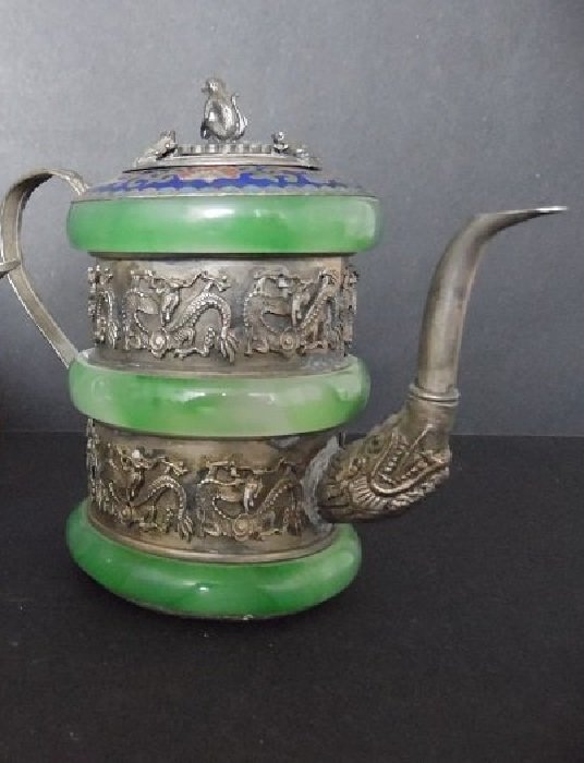 Silver Dragon Tea Pot Mounted Three Jade Bangles (1 of 4)