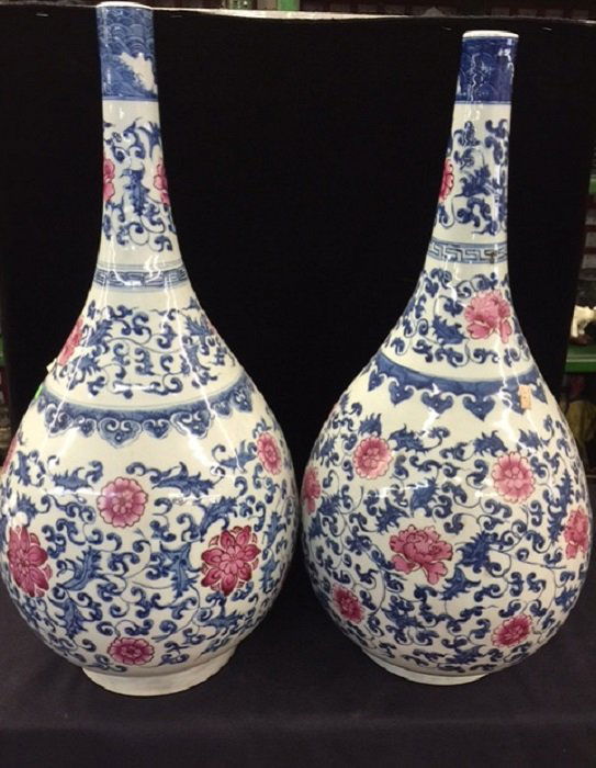 Pair Of Blue And White With Pink Flower Porcelain Vase (1 of 7)