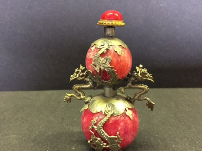 Gourd Shape Color Stone Snuff Bottle Mounted Dragon (1 of 4)