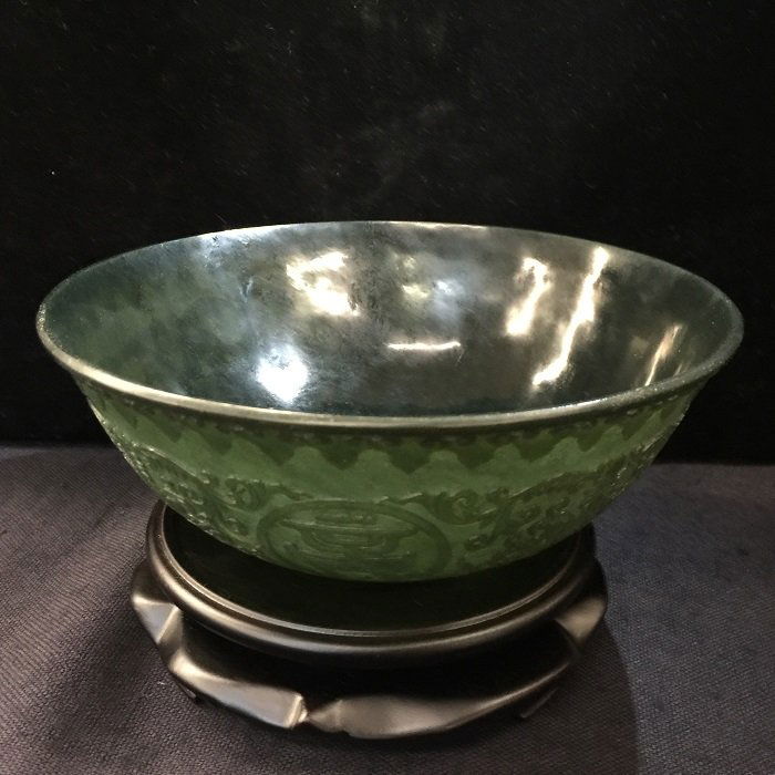 Antique Finely Spinach Jade Bowl With Carved Blessing