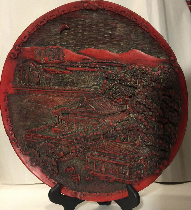 Antique Carved Lacquer Plate With Landscape And Mark (1 of 7)