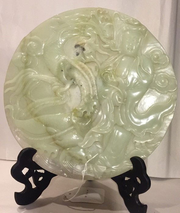 Nicely Carved Celadon Jade Guan-Yin With Dragon Disc (1 of 8)