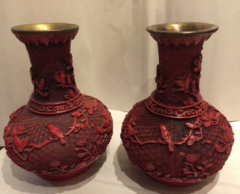 Antique Fine Carved Pair Of Cinnabar Vase (1 of 3)