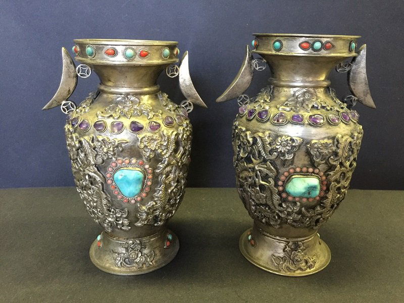 Antique Pair Of Finely Carved Tibetan Silver Vases (1 of 7)