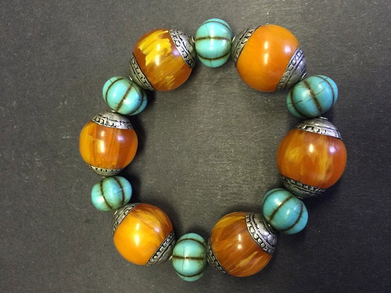 Antique Finely Carved Amber & Turquoise Beads Bracelet (1 of 4)