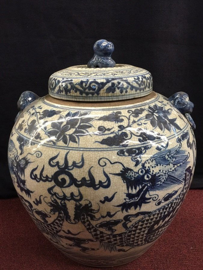 Large Yuan Blue&White Porcelain Dragon Lidded Jar (1 of 5)
