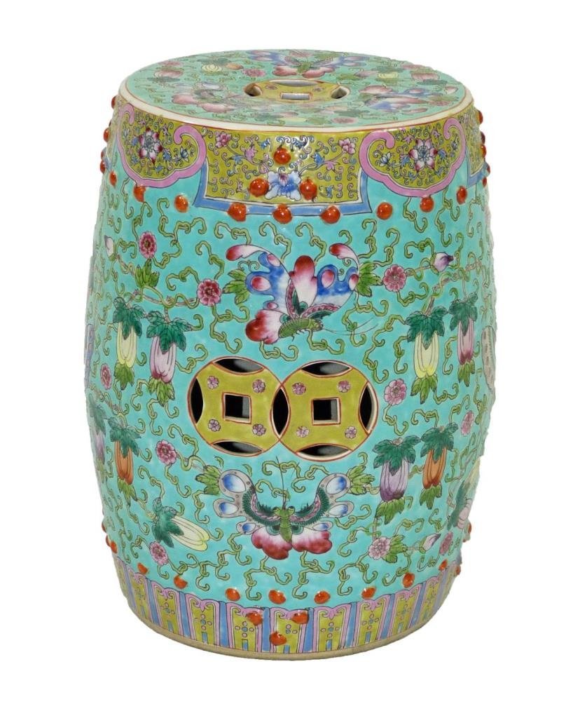 Chinese Porcelain Garden Stool: Chinese porcelain garden stool depicting butterflies and floral designs with scrolls. Pierced work on both sides. Fabulous turquoise background. Measures 15 3/8" (39 cm) height and approx. 13" 33 cm) 