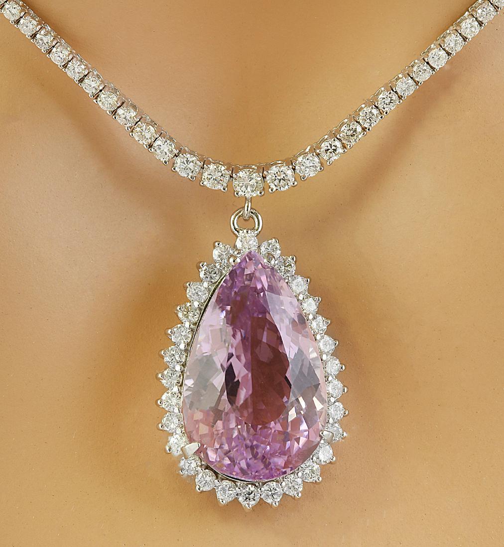 31.36 Carat Kunzite 18K White Gold Diamond Necklace