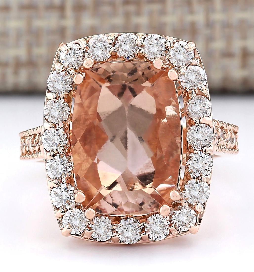 8.31 CTW Natural Morganite And Diamond Ring In 18K Rose: Stamped: 18K Ring Size: 7 Total Ring Weight: 8.1 Grams Diamond Weight: Total natural diamond weight is 1.30carat. VS2-SI1 clarity / F-G color Gemstone Weight: Total Natural Morganite Weight is 7.01ctw