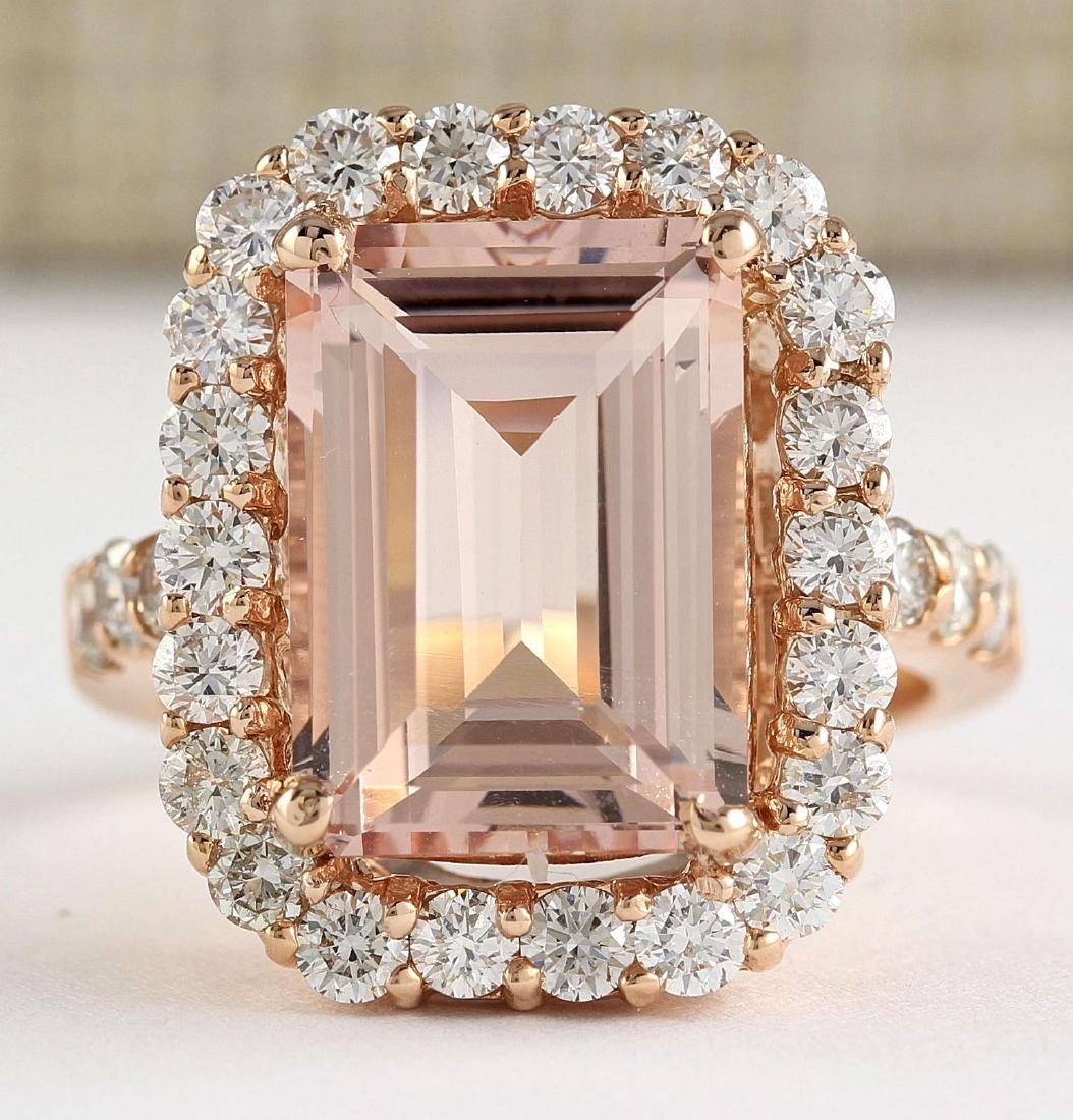 8.33 CTW Natural Morganite And Diamond Ring In 18K Rose: Stamped: 18K Ring Size: 7.25 Total Ring Weight: 10.7 Grams Diamond Weight: Total natural diamond weight is 1.65carat. VS2-SI1 clarity / F-G color Gemstone Weight: Total Natural Morganite Weight is 6.6