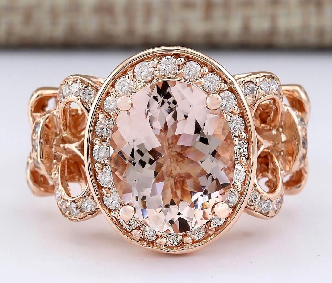 4.50 CTW Natural Morganite And Diamond Ring In 18K Rose: Stamped: 18K Ring Size: 7.25 Total Ring Weight: 8.2 Grams Diamond Weight: Total natural diamond weight is .80carat. VS2-SI1 clarity / F-G color Gemstone Weight: Total Natural Morganite Weight is 3.70c