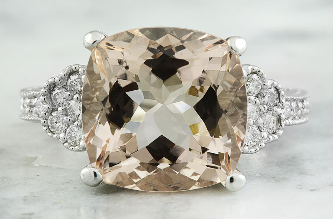 7.85 Carat Morganite 18K White Gold Diamond Ring: Stamped: 18K Total Ring Weight: 7 Grams Morganite Weight 7.60 Carat (12.00x12.00 Millimeters) Diamond Weight: 0.25 carat (F-G Color, VS2-SI1 Clarity ) Face Measures: 12.00x12.00 Millimeter SKU: [60040