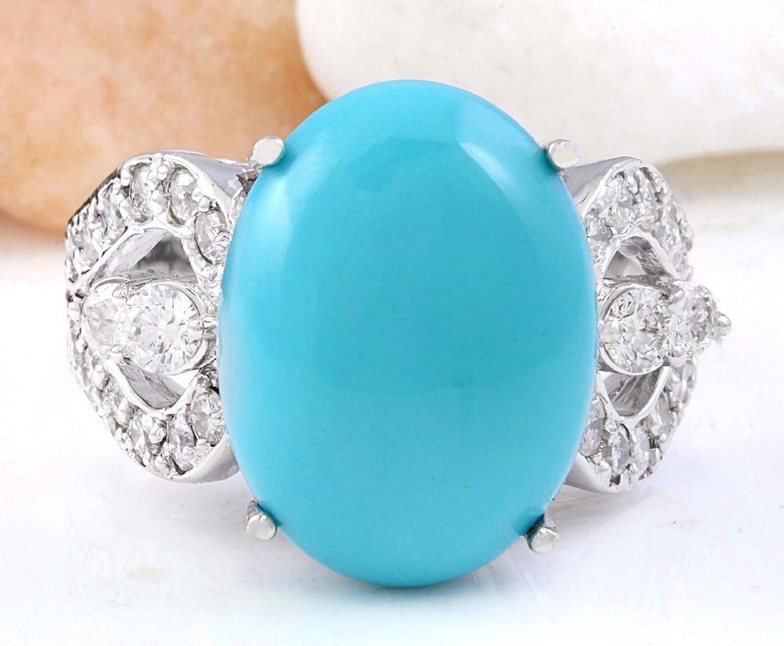 8.75 Carat Natural Turquoise 18K Solid White Gold: 8.75 Carat Natural Turquoise 18K Solid White Gold Diamond Ring Item Type: Ring Item Style: Cocktail Material: 18K White Gold Mainstone: Turquoise Stone Color: Blue Stone Weight: 7.75 Carat Stone Shape