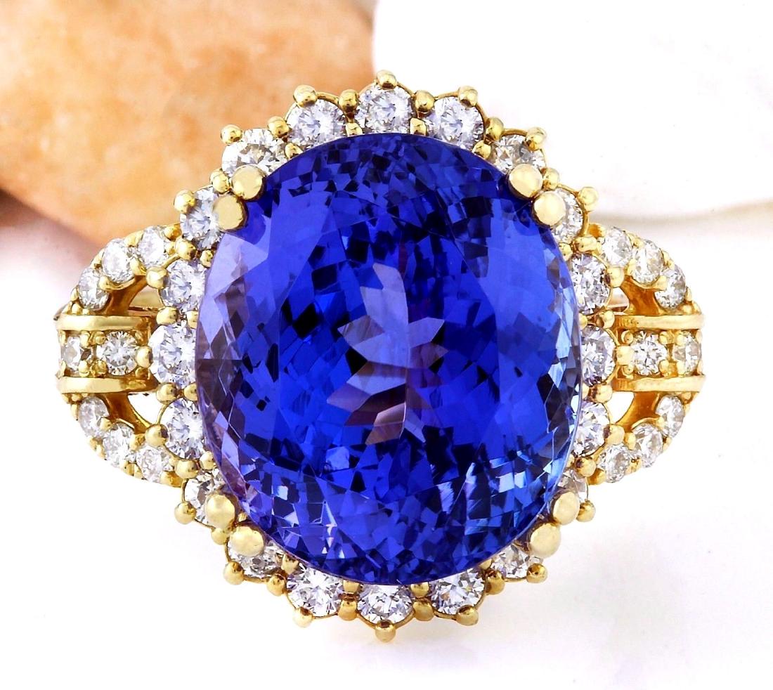 15.03 Carat Natural Tanzanite 18K Solid Yellow Gold: 15.03 Carat Natural Tanzanite 18K Solid Yellow Gold Diamond Ring Item Type: Ring Item Style: Cocktail Material: 18K Yellow Gold Mainstone: Tanzanite Stone Color: Blue Stone Weight: 13.28 Carat Stone S