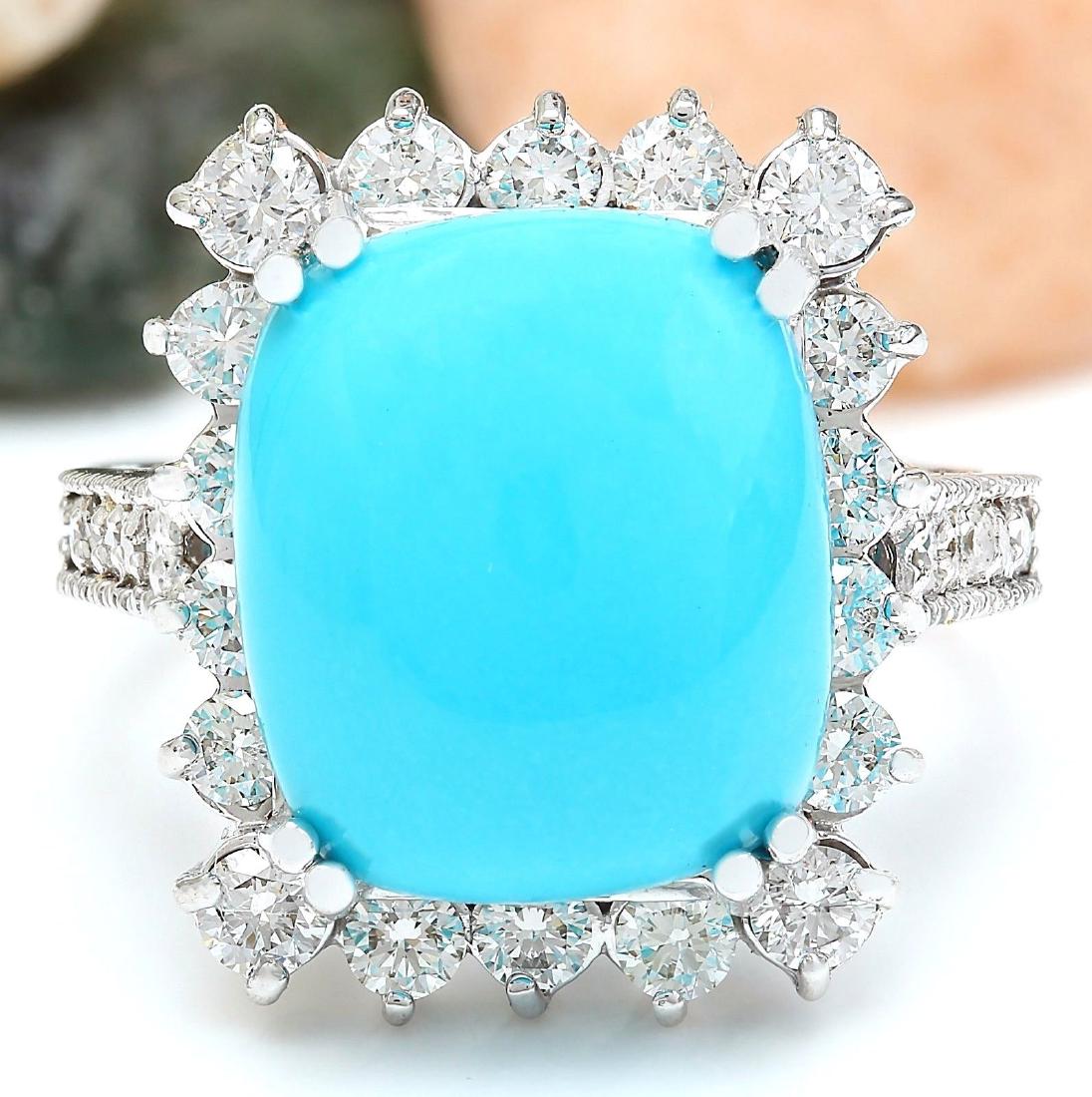 9.36 Carat Natural Turquoise 18K Solid White Gold: 9.36 Carat Natural Turquoise 18K Solid White Gold Diamond Ring Item Type: Ring Item Style: Cocktail Material: 18K White Gold Mainstone: Turquoise Stone Color: Blue Stone Weight: 8.16 Carat Stone Shape