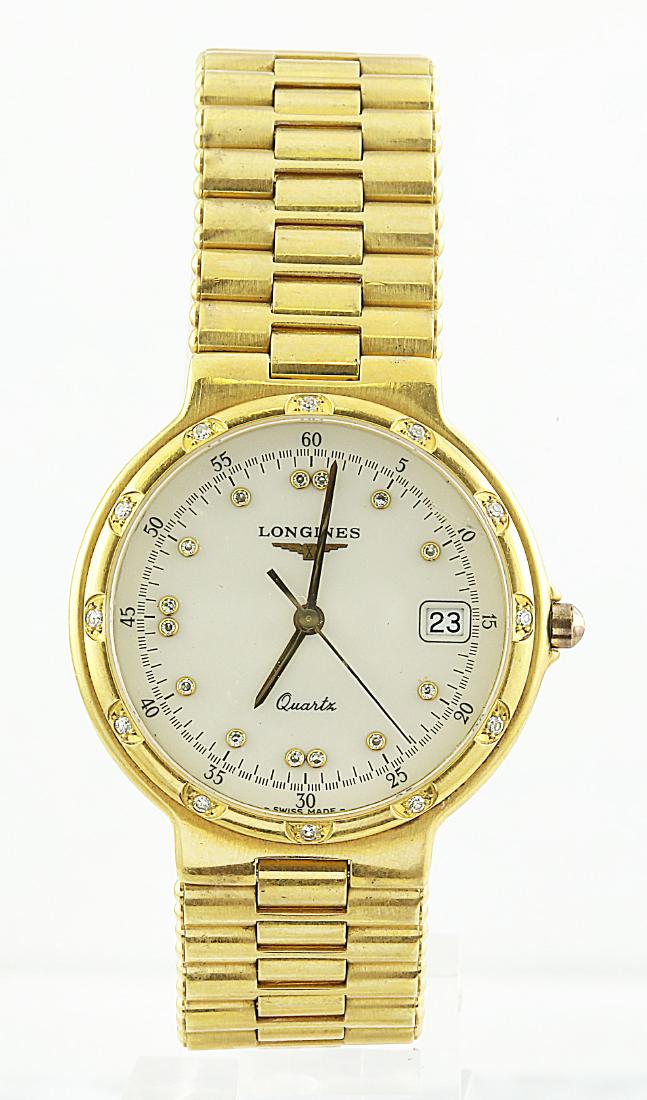 Authentic Longines 18K Yellow Gold Diamond Watch: Stamped: 18K Total Watch Weight: 92.6 Grams Face Measures: 30.00x6.00 Millimeter