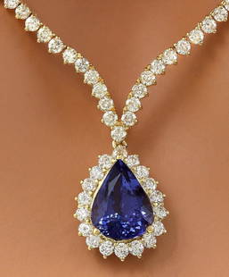 17.67 Carat Natural Tanzanite 18K Solid Yellow Gold: 17.67 Carat Natural Tanzanite 18K Solid Yellow Gold Diamond Necklace Item Type: Necklace Item Style: Drop Item Length: 16 Inches Material: 18K Yellow Gold Mainstone: Tanzanite Stone Color: Blue Stone