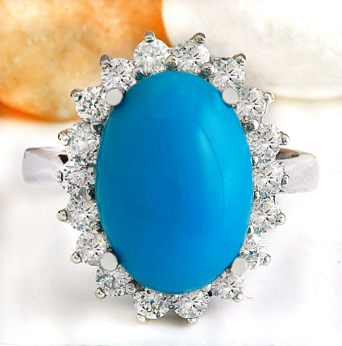 5.29 Carat Natural Turquoise 18K Solid White Gold: 5.29 Carat Natural Turquoise 18K Solid White Gold Diamond Ring Item Type: Ring Item Style: Cocktail Material: 18K White Gold Mainstone: Turquoise Stone Color: Blue Stone Weight: 4.29 Carat Stone Shape