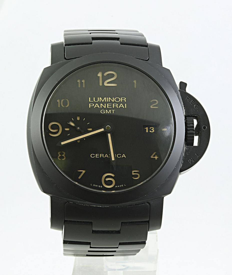 Authentic Panerai Luminor 1950 3 Day Tottonero GMT: Stainless Steel Total Watch Weight: 191.3 Grams Face Measures: 44.00x4.00 Millimeter SKU: [6001214]