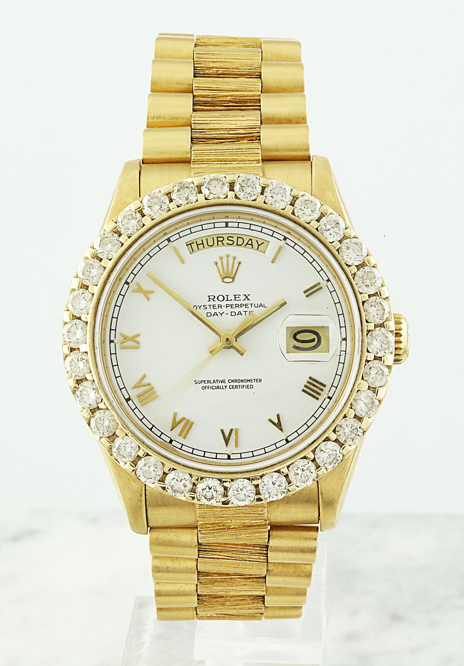 Authentic Rolex Perpetual Day-Date 18K Yellow Gold: Stamped: 750 Total Watch Weight: 135.5 Grams Face Measures: 38.00x38.00 Millimeter Diamond Quantity 29